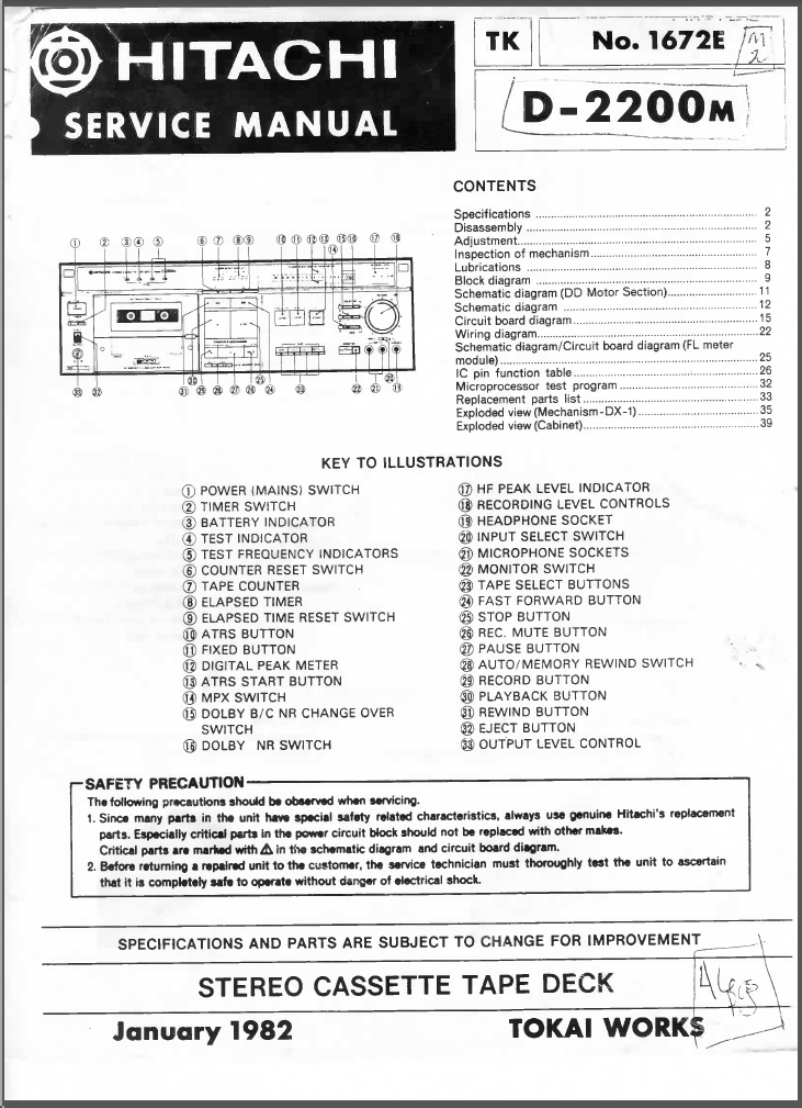 Hitachi D-2200M Cassette Recorder Service Manual PDF