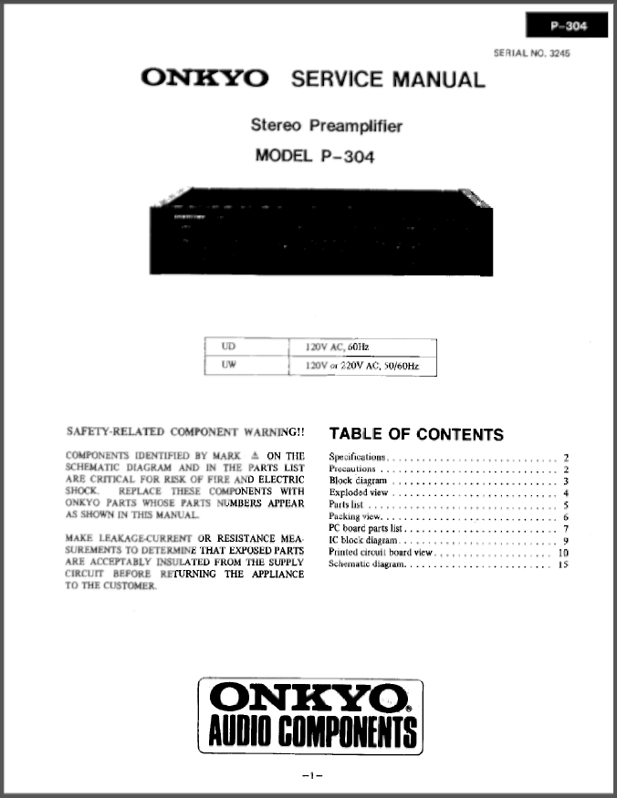 Onkyo P-304 Preamplifier Service Manual PDF
