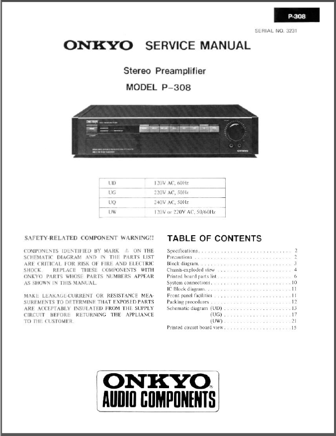 Onkyo P-308 Preamplifier Service Manual PDF